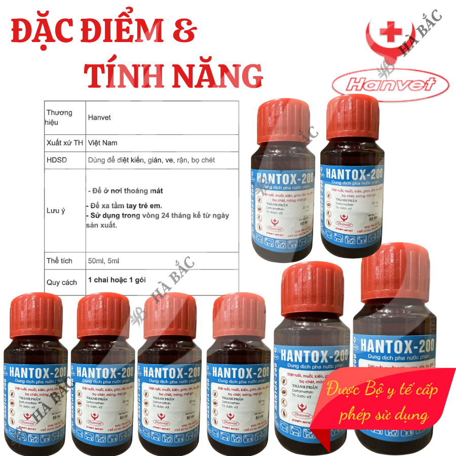 Dung dịch pha nước diệt kiến, gián, ve, rận, bọ chét Hantox-200 (chai 50ml, 100ml) - Sản phẩm của Cty Dược Hanvet