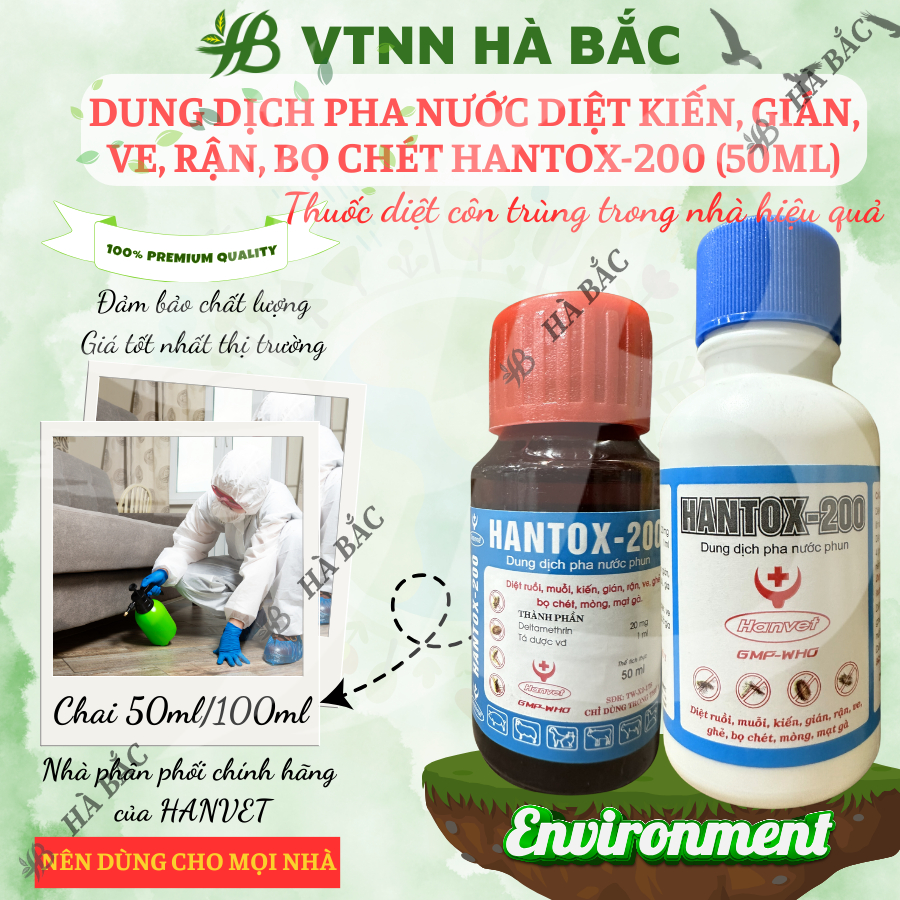 Dung dịch pha nước diệt kiến, gián, ve, rận, bọ chét Hantox-200 (chai 50ml, 100ml) - Sản phẩm của Cty Dược Hanvet