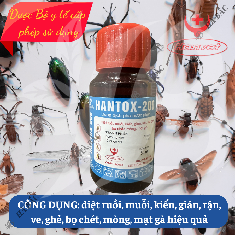 Dung dịch pha nước diệt kiến, gián, ve, rận, bọ chét Hantox-200 (chai 50ml, 100ml) - Sản phẩm của Cty Dược Hanvet