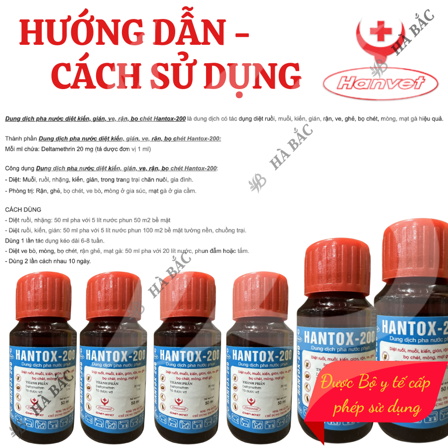 Dung dịch pha nước diệt kiến, gián, ve, rận, bọ chét Hantox-200 (chai 50ml, 100ml) - Sản phẩm của Cty Dược Hanvet