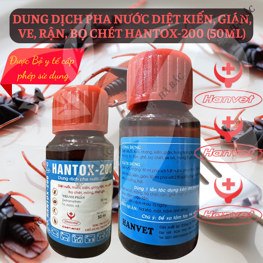 Dung dịch pha nước diệt kiến, gián, ve, rận, bọ chét Hantox-200 (chai 50ml, 100ml) - Sản phẩm của Cty Dược Hanvet