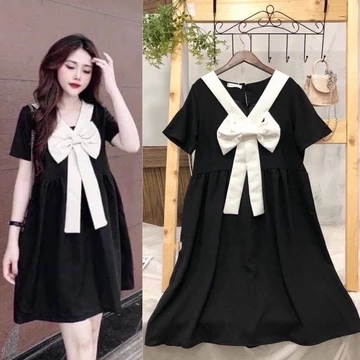 Váy Bầu, Đầm Bầu Cộc Tay Công Sở Nơ Xinh Dáng Dài Qua Gối - Đầm Bầu Thiết Kế Thai Sản Sau Xinh Thoải Mái