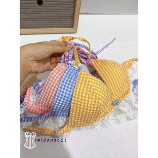 Set bộ bikini đi biển phối ren boi, caro nhí xô - handmade by Mimi house