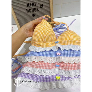 Set bộ bikini đi biển phối ren boi, caro nhí xô - handmade by Mimi house