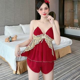 Set Đồ Ngủ vải voan hai Dây Quyến Rũ Có Mút Phối Ren Freesize Dưới 55Kg, Đồ Ngủ Hai Dây Sexy