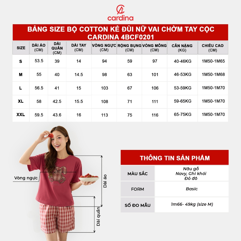 Ảnh Đồ bộ nữ CARDINA chất liệu cotton thoáng mát hình in nổi bật kế hợp quần thô kẻ trẻ trung 4BCF02 2