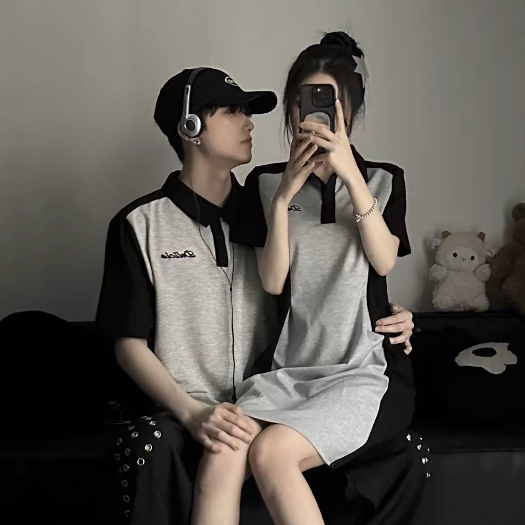 Set đôi 𝑴𝒂𝒕𝒄𝒉𝒊𝒏𝒈 𝑴𝒐𝒎𝒆𝒏𝒕𝒔 𝑺𝒆𝒕 Váy thiết kế thích hợp mùa hè áo thun cổ polo ngắn tay phong cách trẻ trung