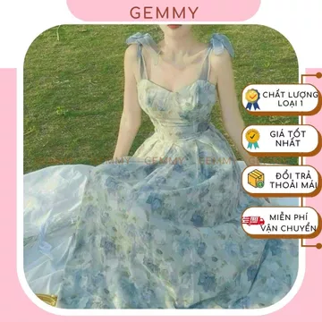 Váy hoa nhí, váy hoa nhí dáng dài, maxi voan hoa 2 dây dáng dài sang chảnh vải chiffon cao cấp có mút ngực - GEMMY