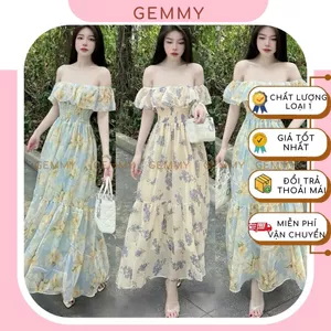 Váy trễ vai, maxi biển, maxi voan hoa dáng dài trễ vai bèo, váy dài xòe nhẹ nhàng sang chảnh cao cấp có bo chun - GEMMY