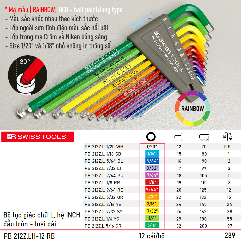 Bộ lục giác chữ L dài, đầu tròn hệ Inch, PB 212Z.LH-12 RB gồm 12 chi ...
