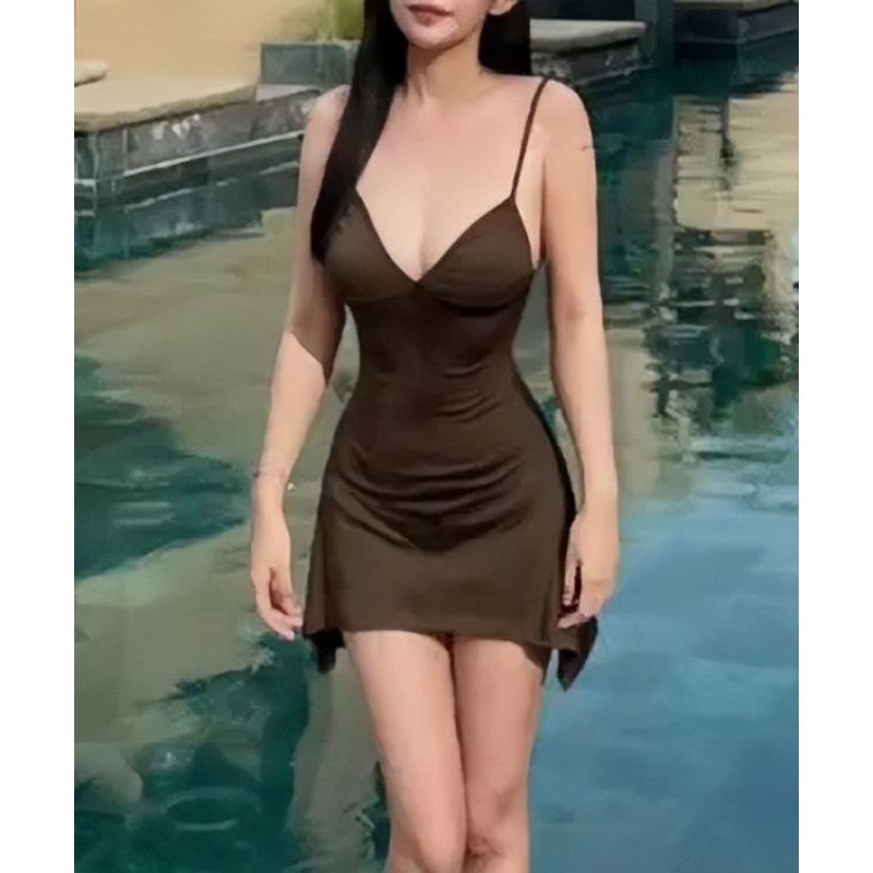 Đầm body, Váy 2 dây màu nâu loe 2 bên hông , Đầm ôm body siêu tôn dáng sexy vải co giãn( vải mới co giãn ít hơn)