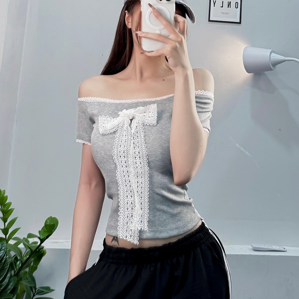 Áo body nữ kiểu Trễ vai đính nơ form ôm body tôn dáng FFCLUB mix
