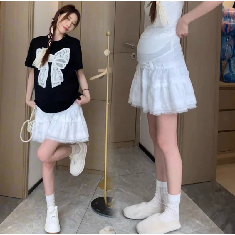 Chân Váy Bầu, Váy Bầu xoè dáng ngắn Nhà-Moom phối ren tầng phong cách Hàn Quốc