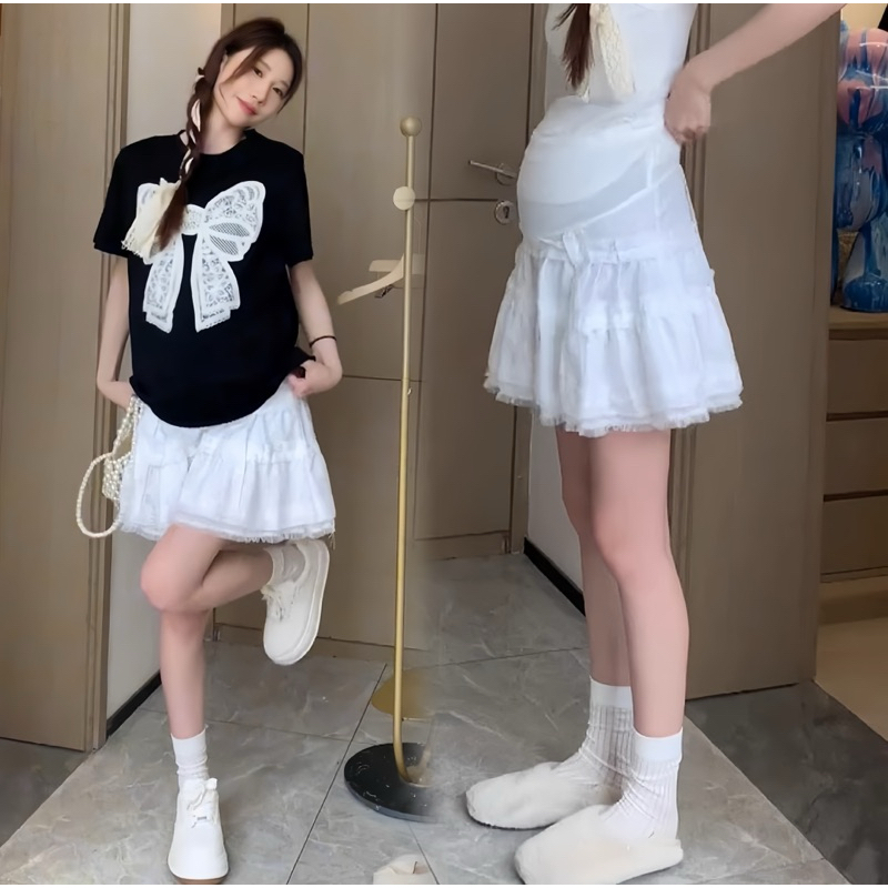 Chân Váy Bầu, Váy Bầu xoè dáng ngắn Nhà-Moom phối ren tầng phong cách Hàn Quốc