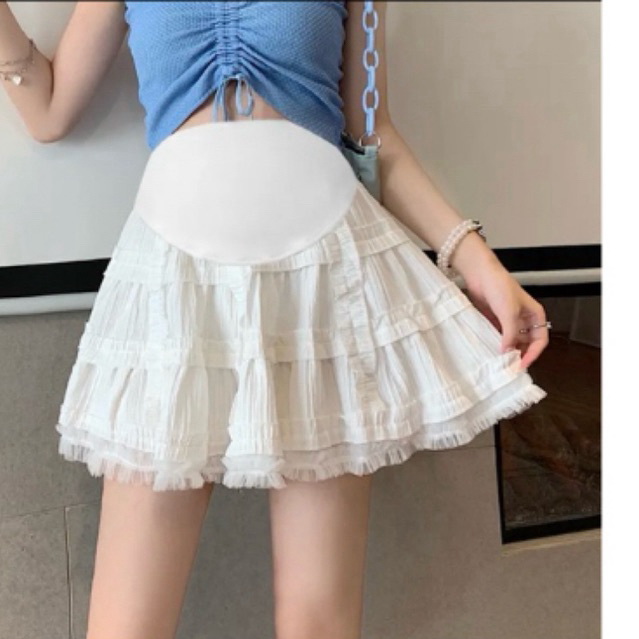 Chân Váy Bầu, Váy Bầu xoè dáng ngắn Nhà-Moom phối ren tầng phong cách Hàn Quốc