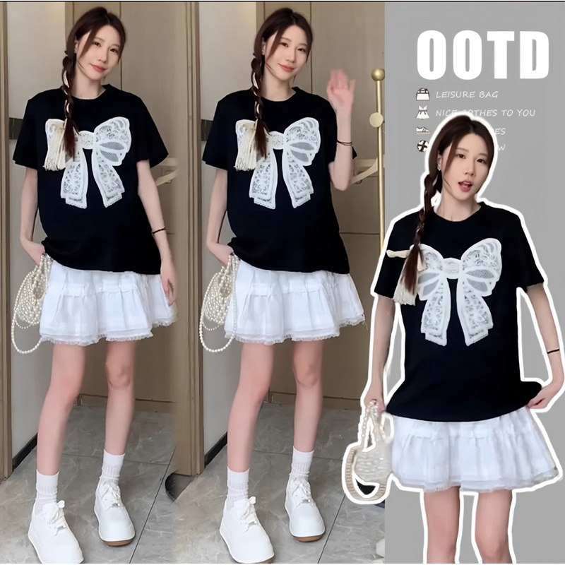 Chân Váy Bầu, Váy Bầu xoè dáng ngắn Nhà-Moom phối ren tầng phong cách Hàn Quốc