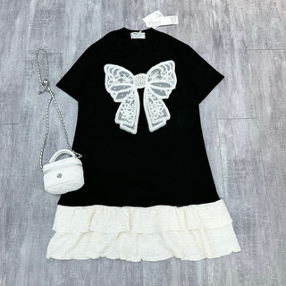 Đầm Bầu Công Sở tay cộc nơ ngọc Nhà-Moom, phối đuôi váy ren tầng xinh xắn