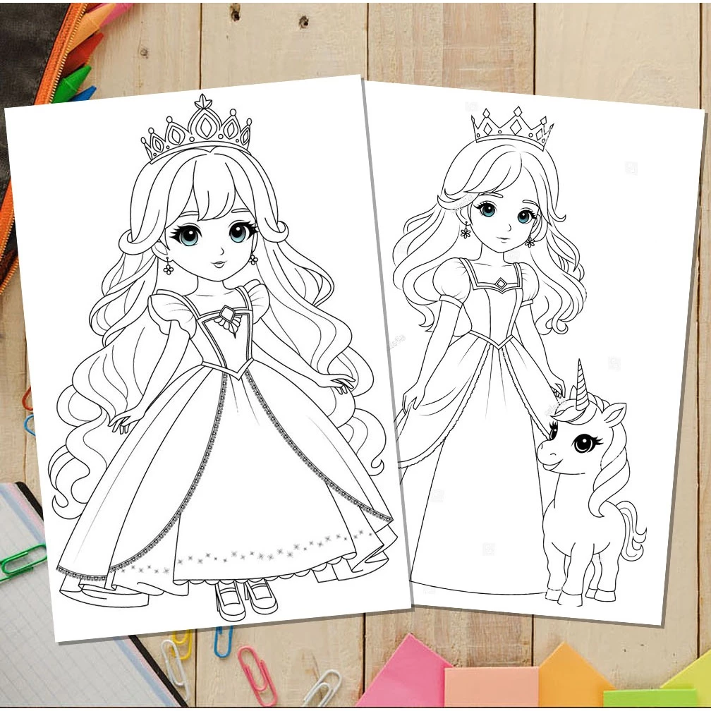 Bộ 50 Tờ Tranh Tô Màu Anime Chibi Công Chúa Cute Khổ A4, A5 - Đồ chơi giáo dục giúp bé tập tô màu sá
