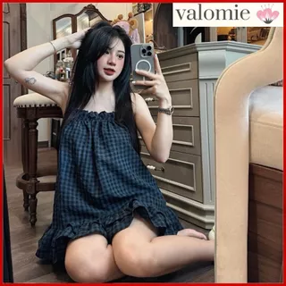 Đồ ngủ nữ xinh ,bộ 2 dây pijama chất vải đũi hoạ tiết caro free size từ 40-65kg