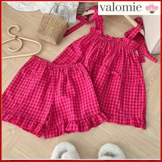 Đồ ngủ nữ bộ ngủ 2 dây chất vải đũi hoạ tiết kẻ ô free size từ 40-60kg