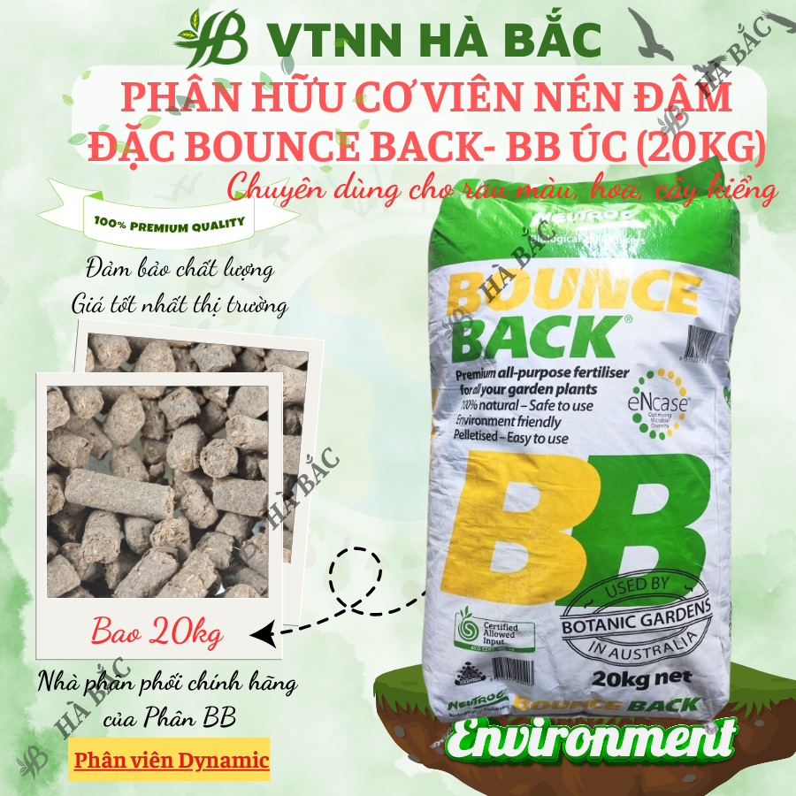 Phân Hữu Cơ viên nén đậm đặc Bounce Back- BB Úc (bao 20KG), dùng cho cây kiểng, hoa lan, bonsai và các loại cây trồng
