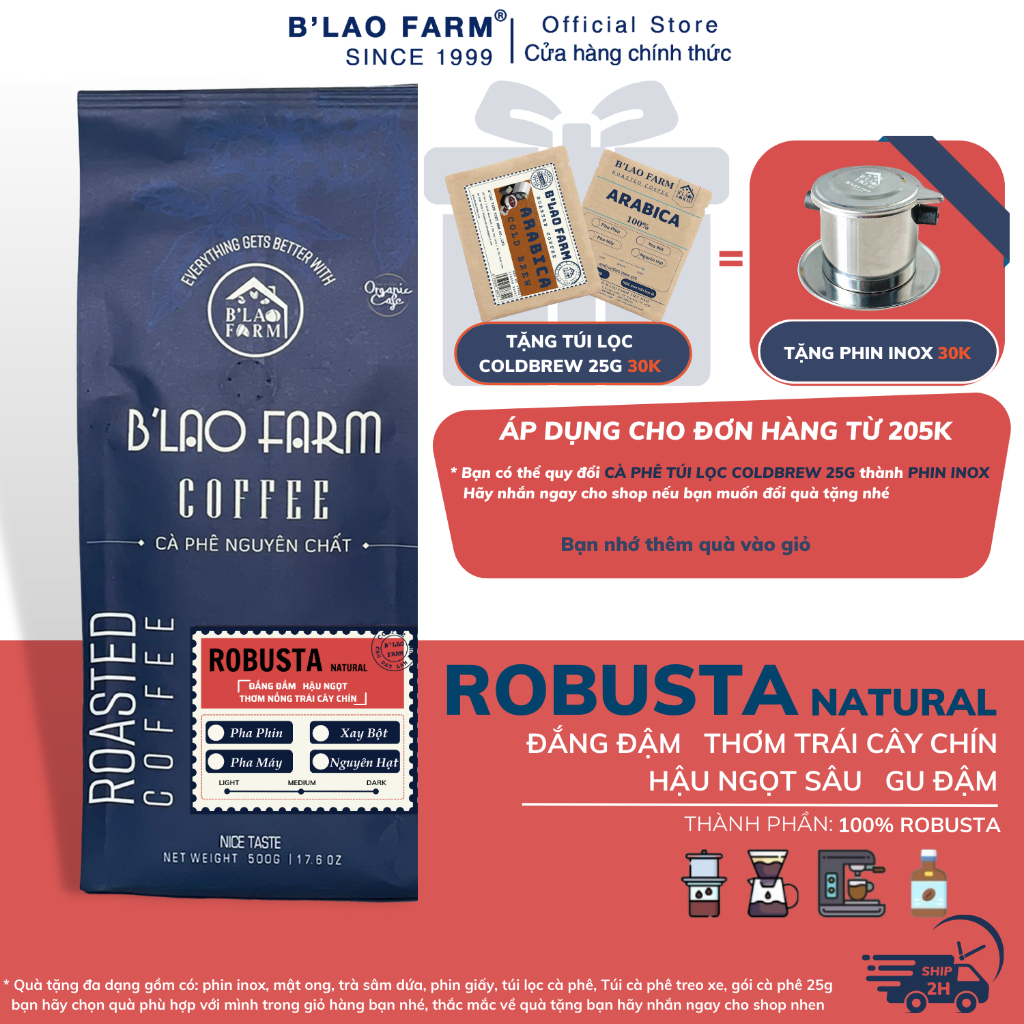 Cà phê Robusta Natural nguyên chất rang mộc 100% B'Lao Farm vị đắng đậm ...