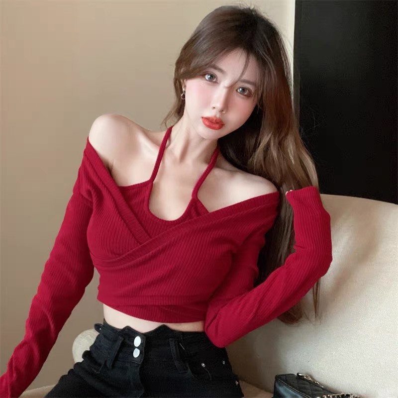Áo croptop dài tay cổ yếm Sicily ôm body cổ yếm ADTCY65