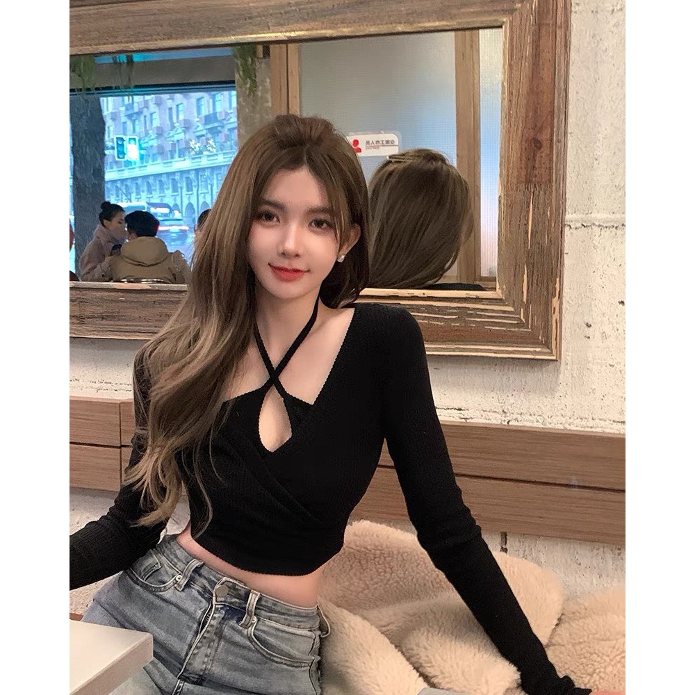 Áo croptop dài tay cổ yếm Sicily ôm body cổ yếm ADTCY65