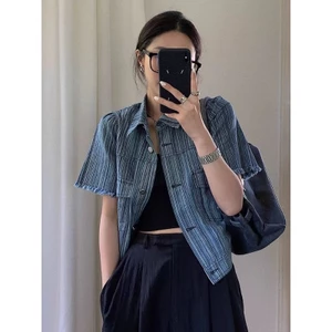 M.H STYLE ORDER Áo sơ mi denim ngắn tay kiểu Pháp dành cho nữ thiết kế mùa hè cardigan, dáng ôm hợp thời trang