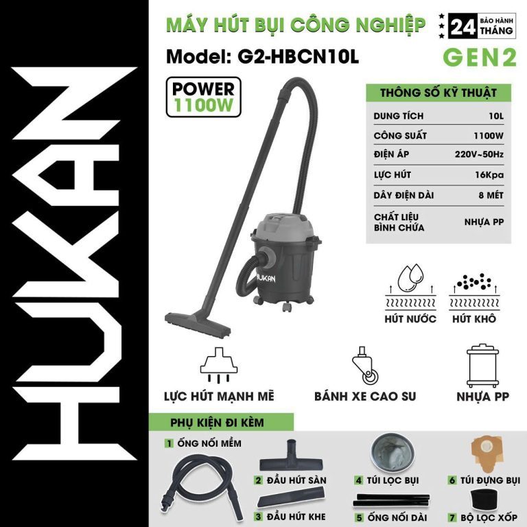 Máy Hút Bụi Công Nghiệp HUKAN G2-HBCN10L|Công suất 1100W, Dây 8m, Hút Nước, Hút Thảm, Hút Bụi Mịn, Vệ Sinh Giường,...