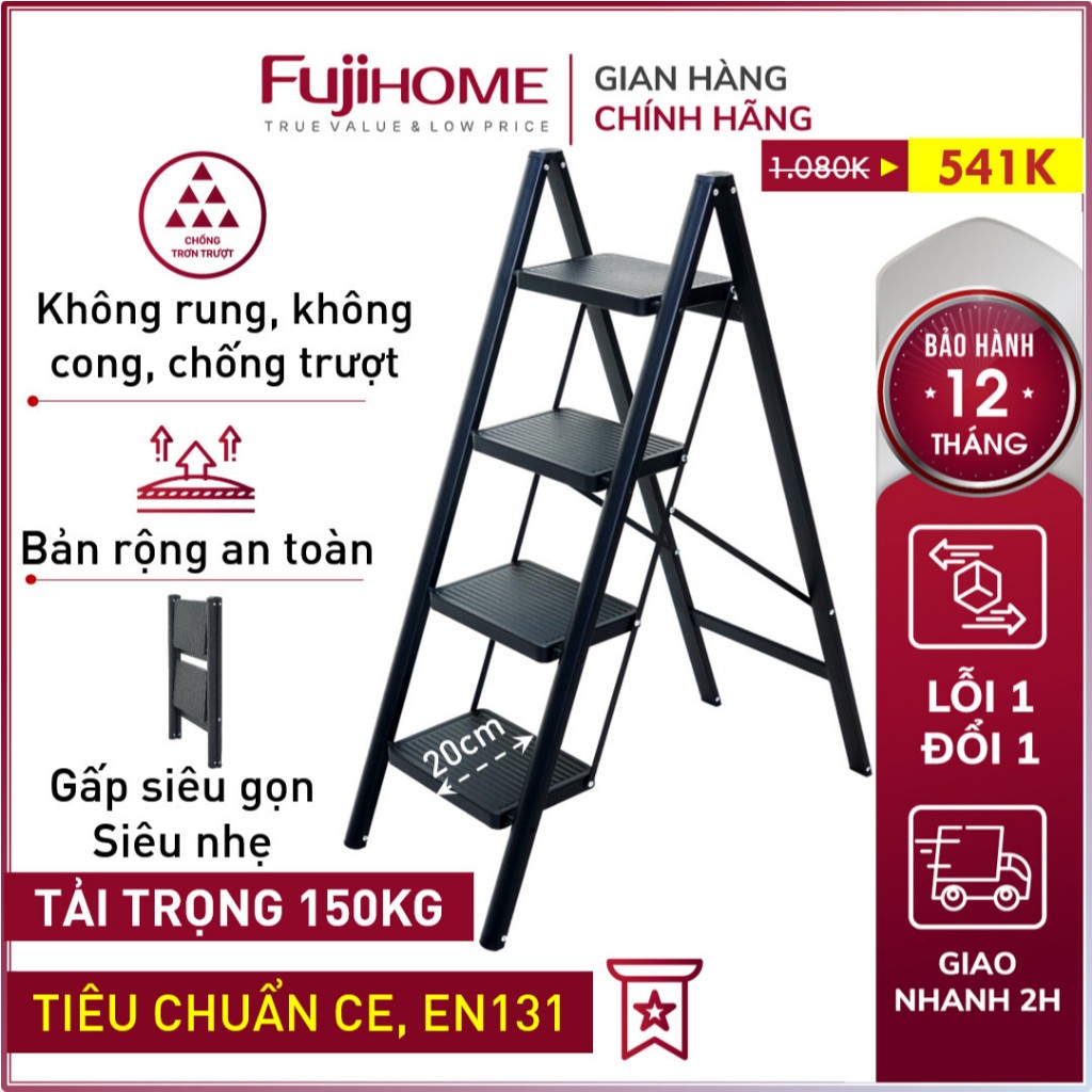 Thang xếp gấp gọn 2 - 4 bậc thép carbon FUJIHOME Nhập Khẩu, thang gia đình đa năng step ladder