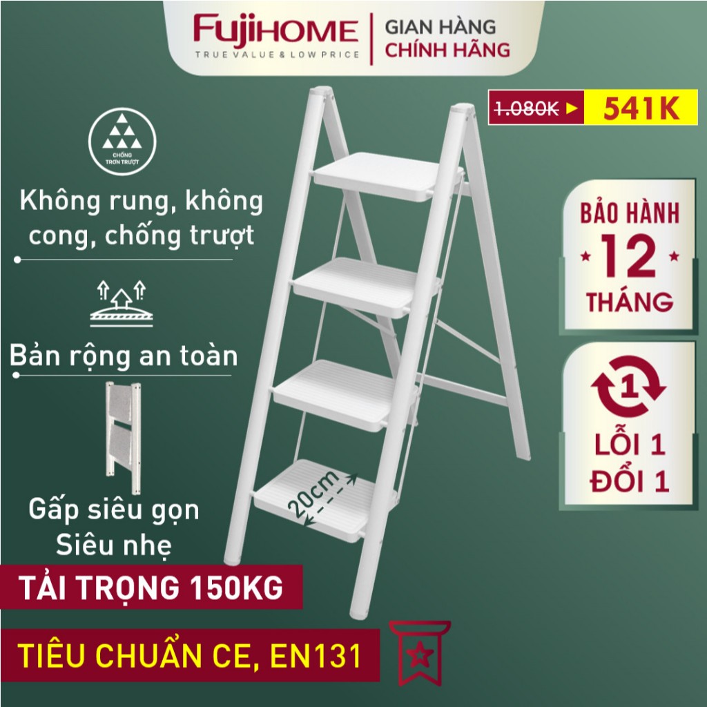 Thang gấp gọn chữ A 3 -4 bậc thép carbon FUJIHOME Nhập Khẩu, step ladder thang xếp gọn bậc to
