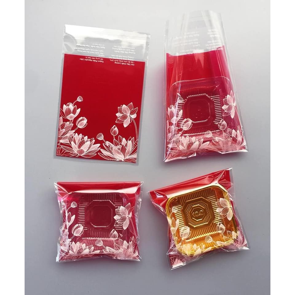 Túi dán đựng bánh trung thu 200g/ 150g mẫu Hoa sen vàng đỏ