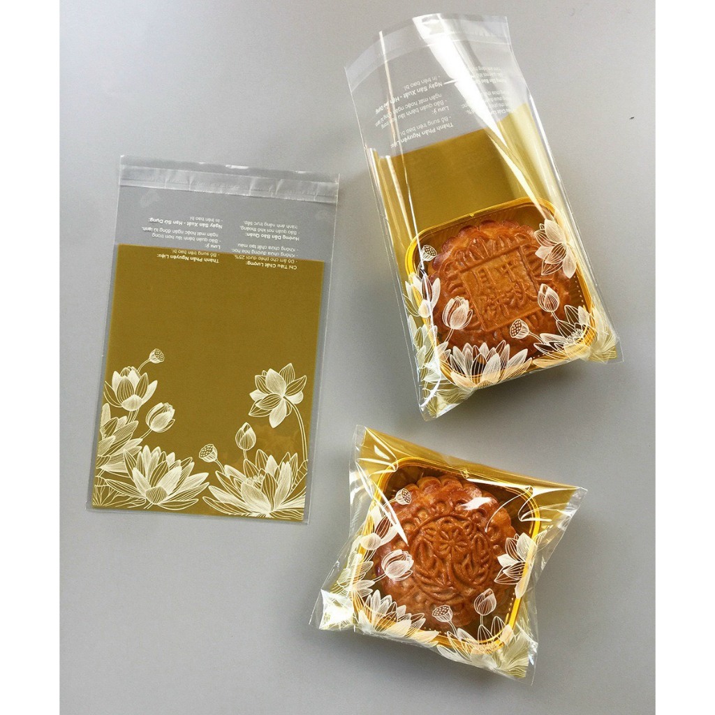 Túi dán đựng bánh trung thu 200g/ 150g mẫu Hoa sen vàng đỏ