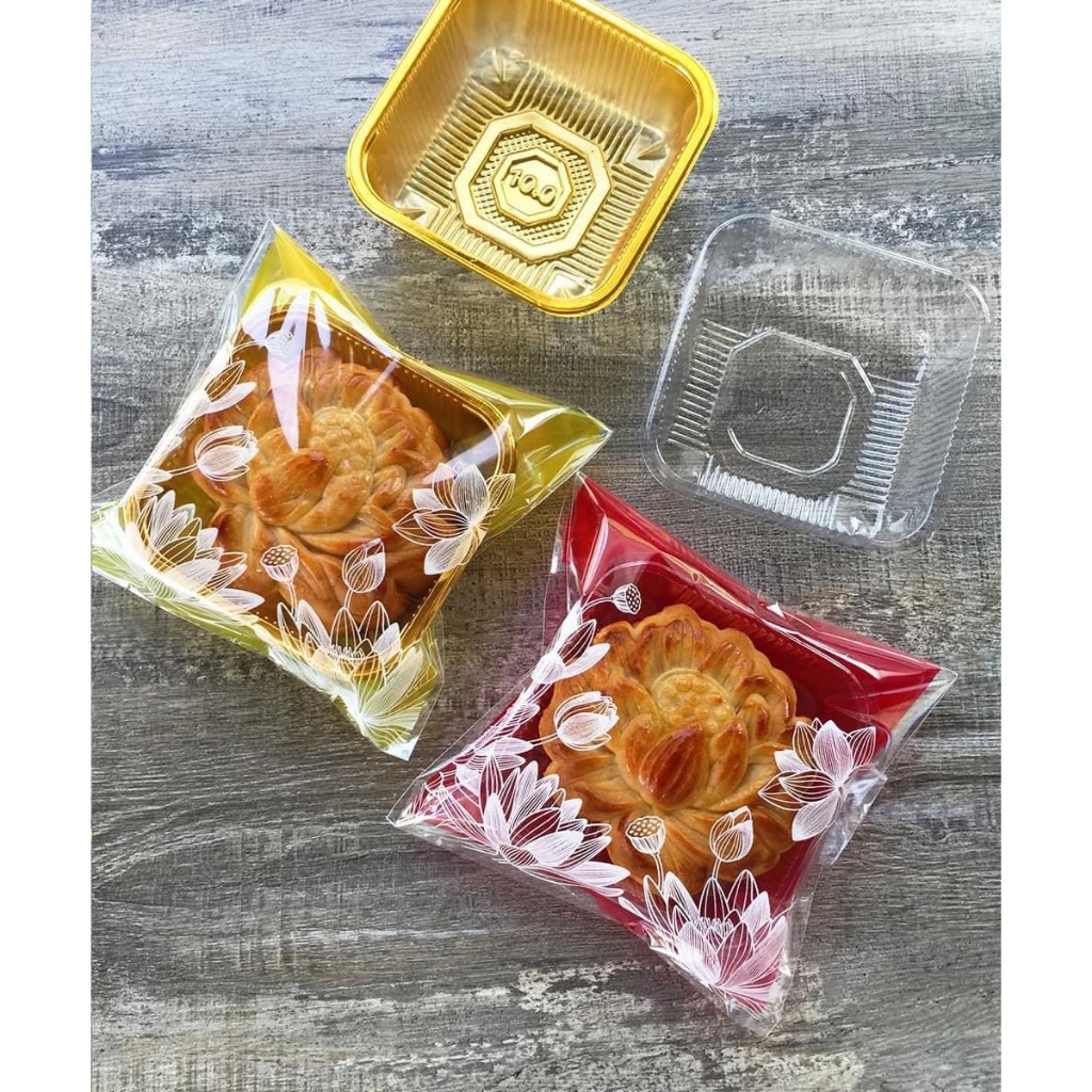 Túi dán đựng bánh trung thu 200g/ 150g mẫu Hoa sen vàng đỏ