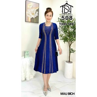 Đầm trung niên dự tiệc sang trọng vải nhũ cao cấp đính đá, tặng mẹ co giãn tốt bigsize 75kg M508