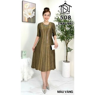 Đầm trung niên dự tiệc sang trọng vải nhũ cao cấp đính đá, tặng mẹ co giãn tốt bigsize 75kg M508