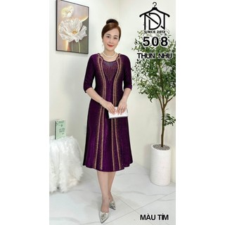 Đầm trung niên dự tiệc sang trọng vải nhũ cao cấp đính đá, tặng mẹ co giãn tốt bigsize 75kg M508