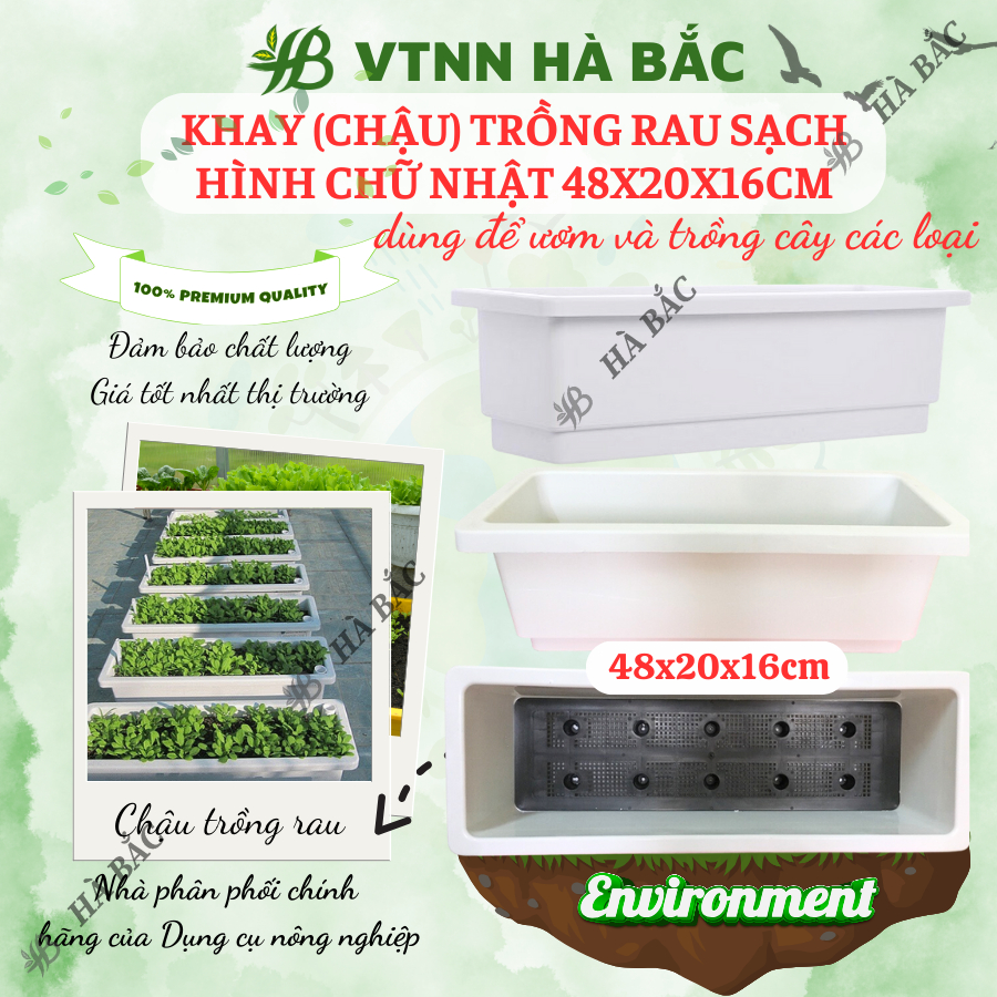 Khay (Chậu) Trồng Rau Sạch, Trồng Hoa Hình Chữ Nhật 48x20x16cm Màu Trắng/Đen, Nhựa Cao Cấp PP