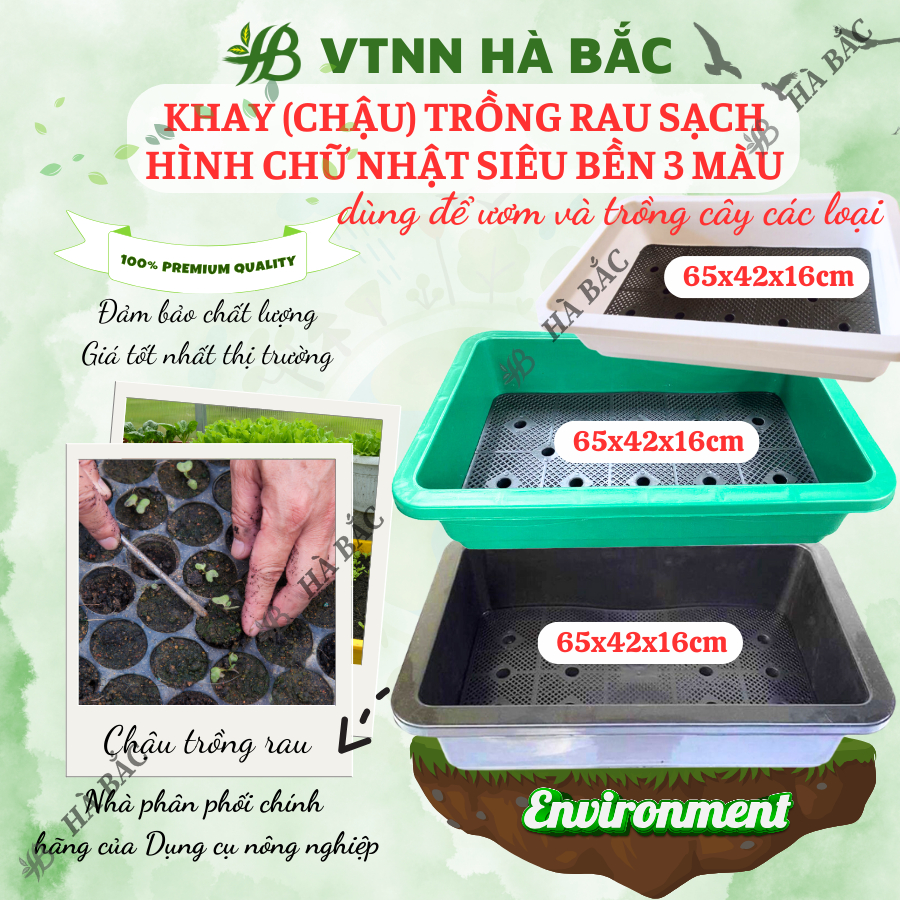 Khay (Chậu) Trồng Rau Sạch Hình Chữ Nhật Siêu Bền 3 MÀU "Đen, Xanh Rêu, Trắng" kích thước 65x42x16H, Nhựa cao cấp PP