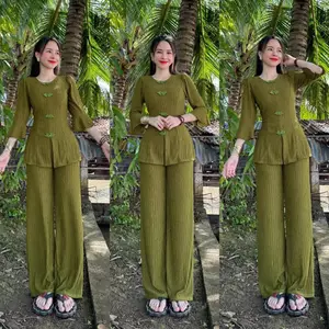 TH32 - SÉT BỘ THUN XỐP ÁO CỔ TRÒN - QUẦN ỐNG SUÔN MẶC ĐI CHÙA, Ở NHÀ , ĐI CHƠI ĐỀU PHÙ HỢP