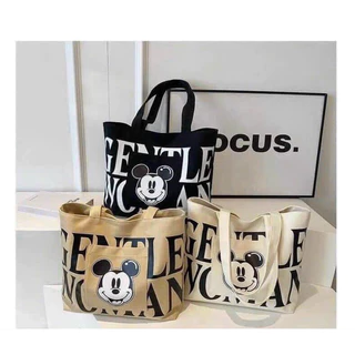 Túi tote đeo vai vải canvas in hình chuột Mickey size 38cm có khoá kéo tiện lợi