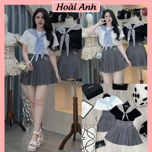 Set Bộ Đồ Nữ Áo Phông TRơn Phối Cổ Nơ Kẻ Thủy Thủ Cúc Cài Sau Cổ Mix Chân Váy Xếp Ly Thêu Logo Freesize