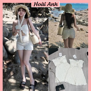 Váy Jum Trắng Kem Đi Biển Vải Xốp Nhăn Ô Co Giãn Ôm Body Có Đệm Ngực Sexy Freesize