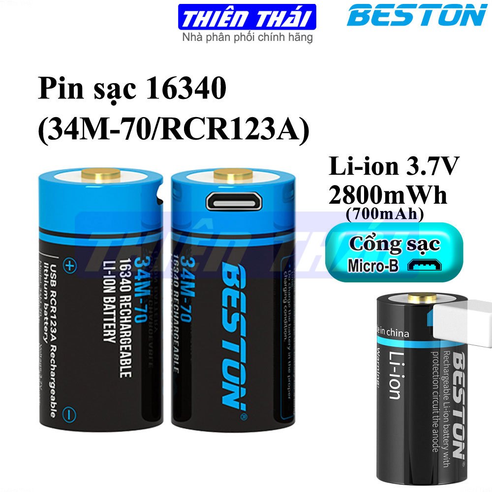 Pin sạc 16340,pin Li-ion Beston 34M-70(RCR123A),2800mWh/700mAh, pin 3 ...