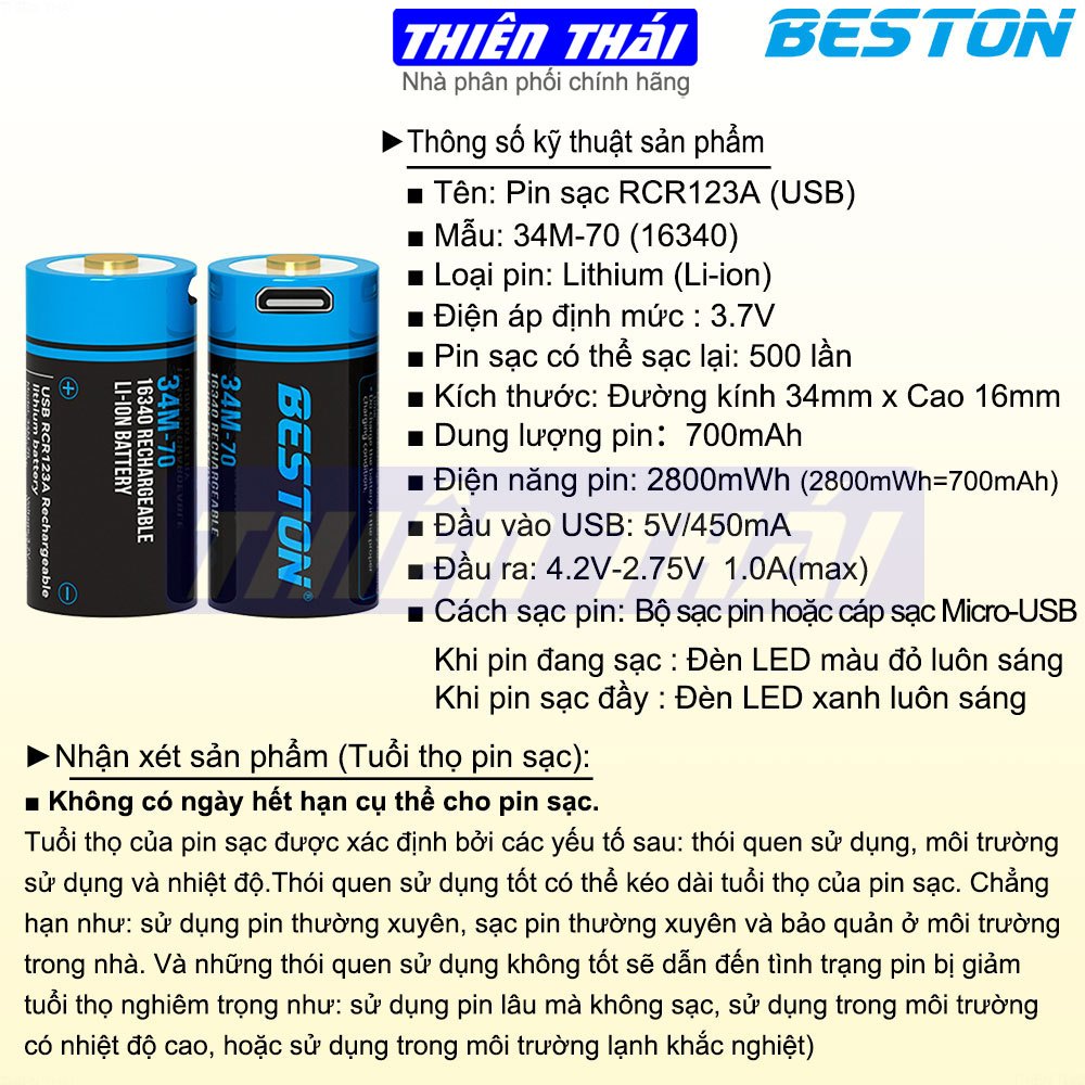 Pin sạc 16340,pin Li-ion Beston 34M-70(RCR123A),2800mWh/700mAh, pin 3 ...