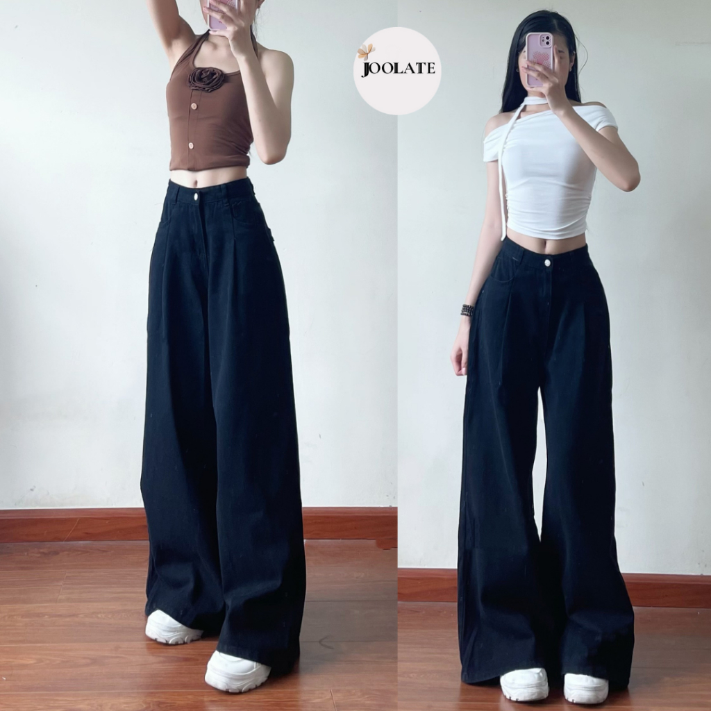 Quần jean Nữ Joolate Quần Bò Jean Màu Đen Ống Suông Rộng Vừa Cạp Cao Lên Dáng Đẹp