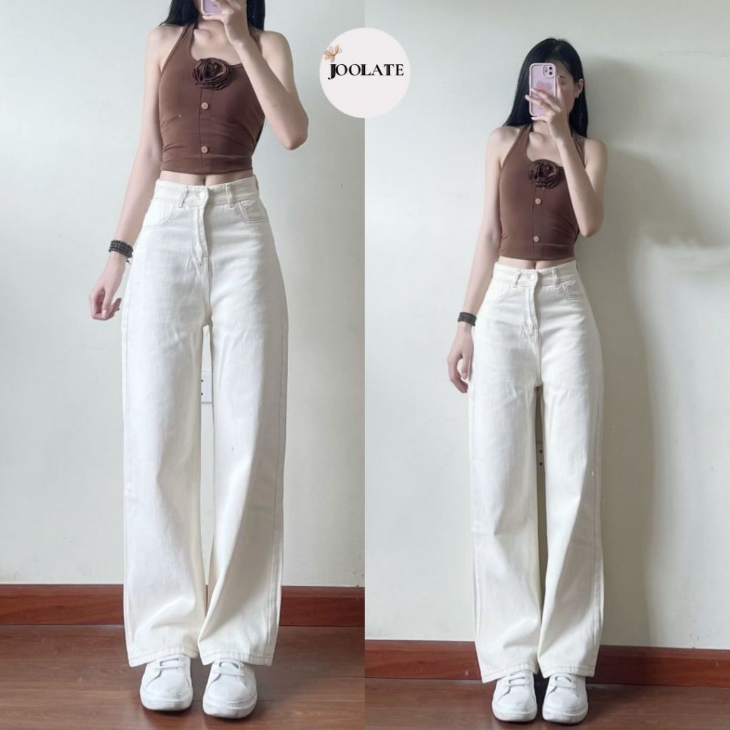 Quần jeans bò Joolate màu kem ống suông rộng phong cách Hàn Quốc