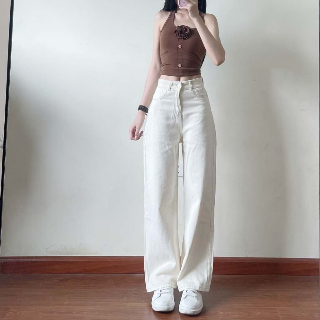 Quần jeans bò Joolate màu kem ống suông rộng phong cách Hàn Quốc