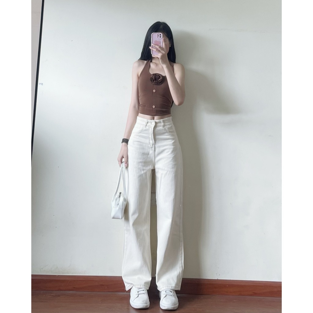 Quần jeans bò Joolate màu kem ống suông rộng phong cách Hàn Quốc